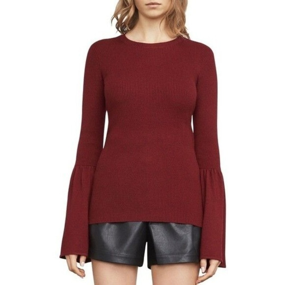 BCBG Max Azria Waverley Flared Sleeve Burgundy Rib Knit Wool  Sweater M